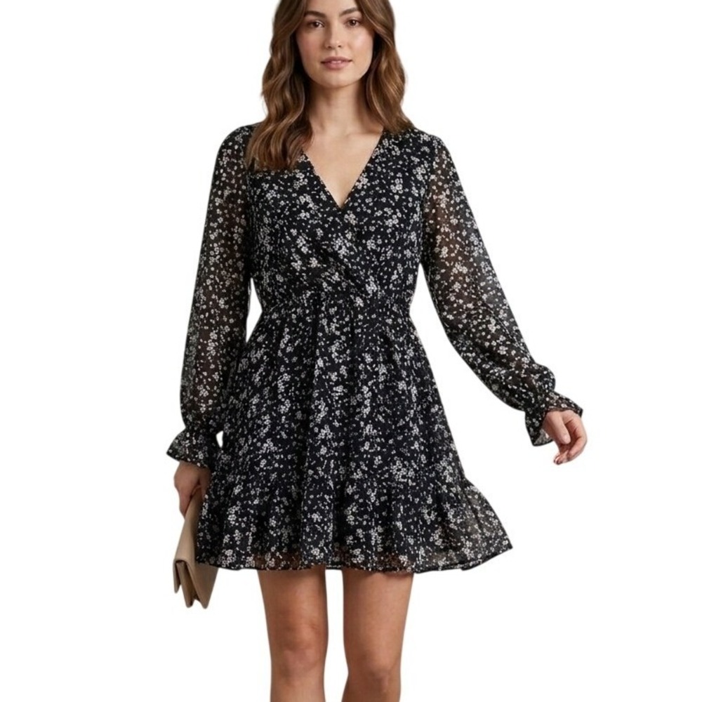 Inspired Hearts Floral Mini Dress Women's Medium Black White Long Sleeve Ruffle